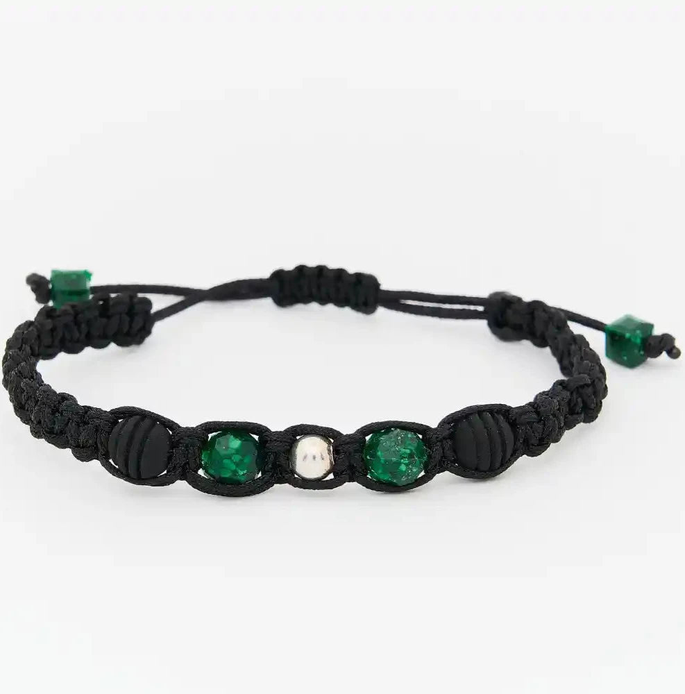 Pulsera con esmeraldas encapsuladas, esferas de neopreno y esfera de plata 950, joya moderna de Origen and Co.